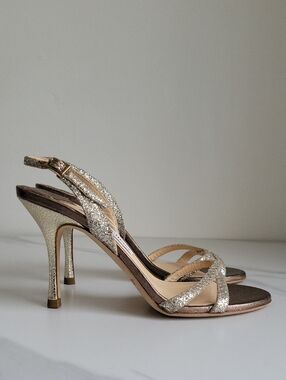 Jimmy Choo Rose Gold Glitter Slingback High Heels